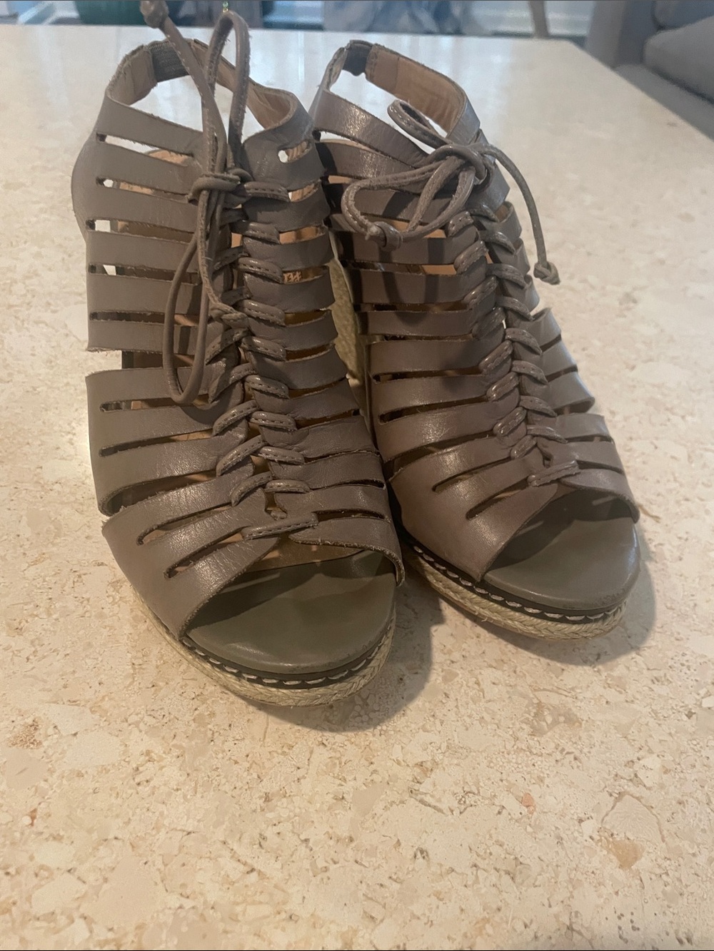 Lace-Up Strappy Wedge Sandals in Taupe